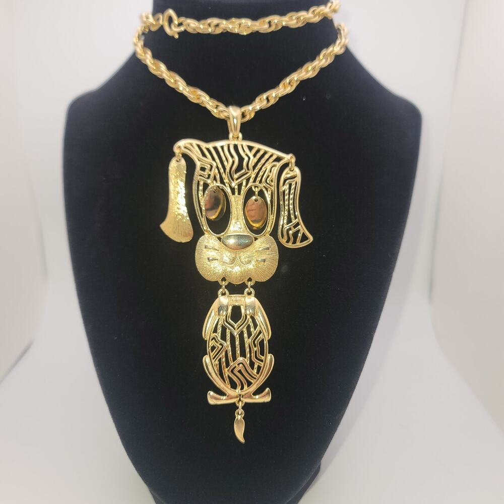 Vintage Gold-tone ALAN Articulated Puppy Dog Statement Pendant Necklace